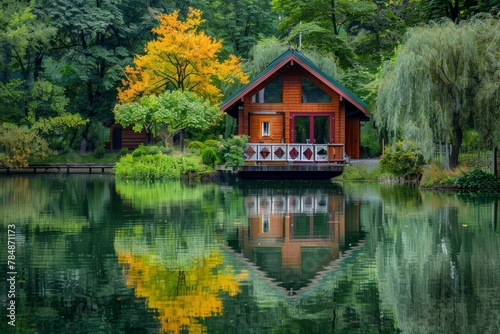 Beautifull small rest home near the lake with mirror. Green trees around the lake