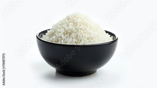 Jasmine rice in black bowl isolated on white background. This has clipping path.
