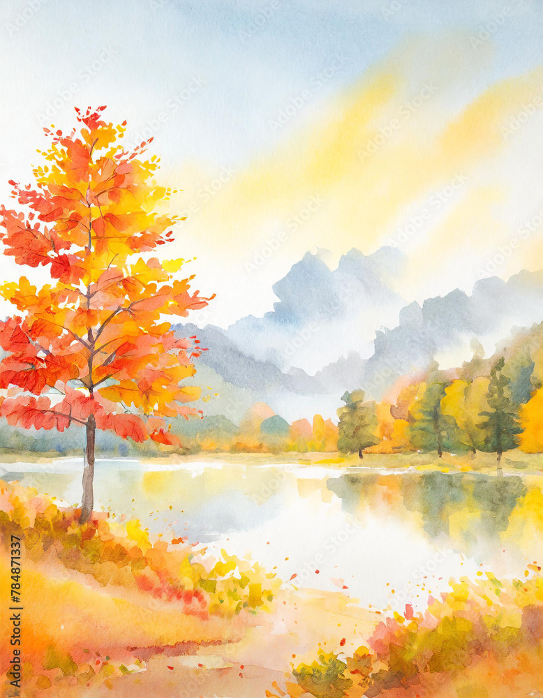 Watercolor autumn lakeside landscape illustration