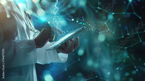 Medicine doctor holding electronic medical record on tablet. DNA. Digital healthcare and network connection on hologram interface, Science and innovative,