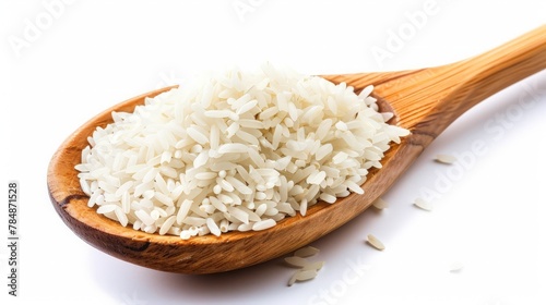 Organic white rice or jasmine rice in a wooden spoon isolated on a white background