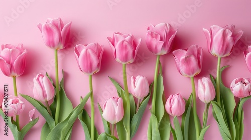 The background is pink with pink tulips. top view, flat lay. Valentine's Day history. horizontal, melodic