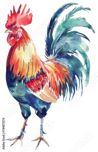 Watercolor Painting of Rooster, isolated on White Background. AI generated Illustration.