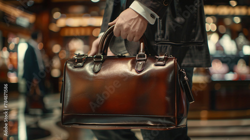 A discerning hand selects a leather bag