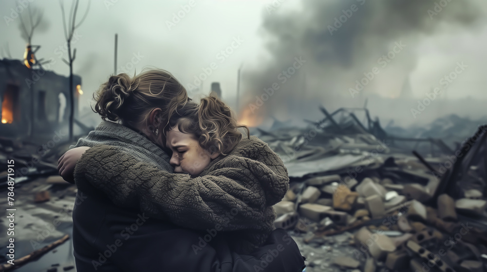 A homeless woman is on the street, her child beside her. Victims of war ...