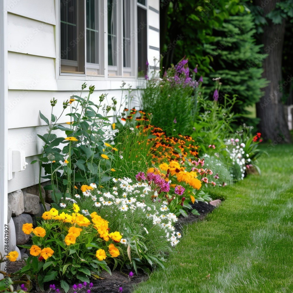 Beautiful Patio Flower Bed Overflowing with Colorful Blooms Leaning Against the Edge, Creating a Charming Garden Display