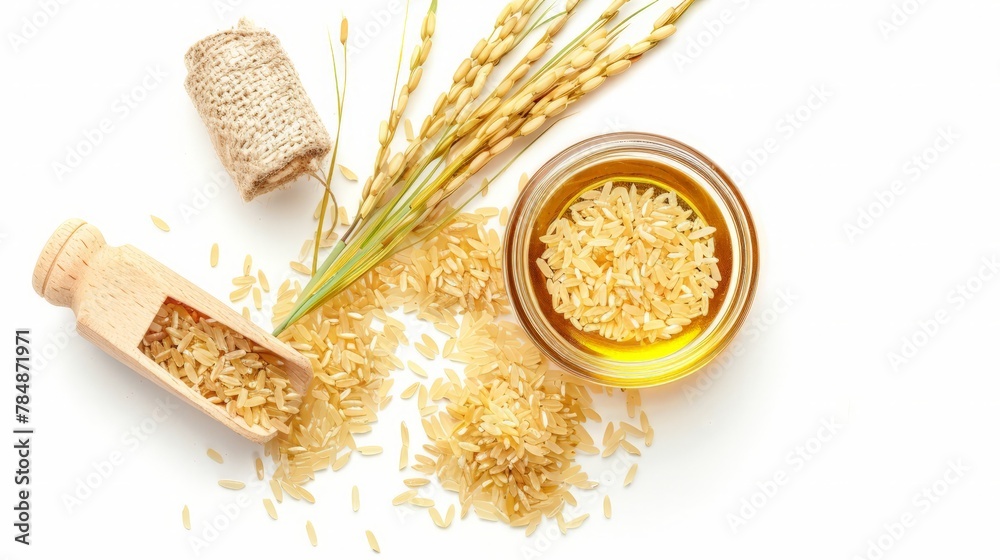 Rice bran oil extract with paddy unmilled rice isolated on white background. - obrazy, fototapety, plakaty 