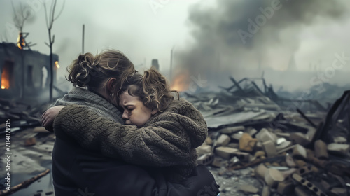 A homeless woman is on the street, her child beside her. Victims of war, the devastating impact of war on innocent lives. Generative AI. photo