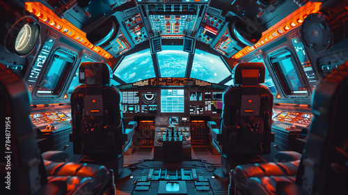 Fototapeta Naklejka Na Ścianę i Meble -  interior of spaceship cockpit, retrofuturism, blue and orange lights, planet earth in the background