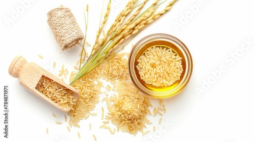 Rice bran oil extract with paddy unmilled rice isolated on white background. photo