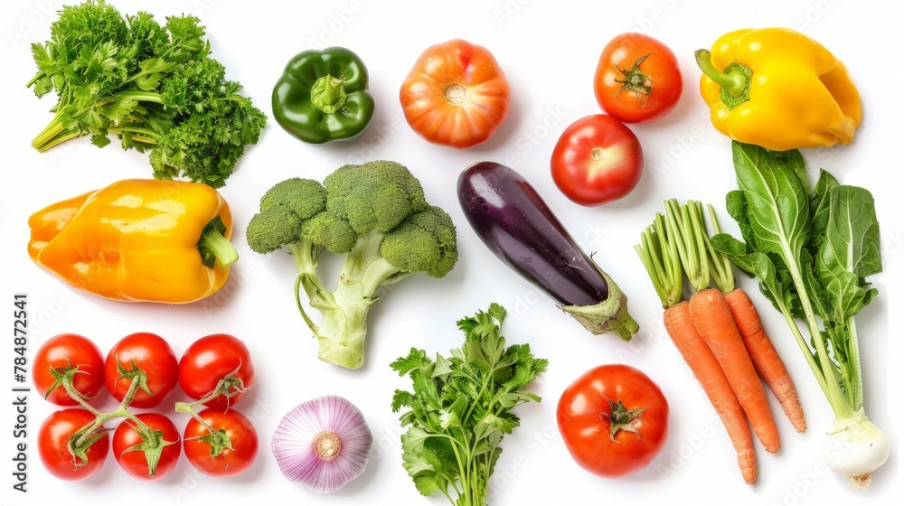 Top view of variety vegetables on white background, World food day, vegetarian day or healthy food concept Top view of variety vegetables on white background, World food day, vegetarian day or healthy food concept