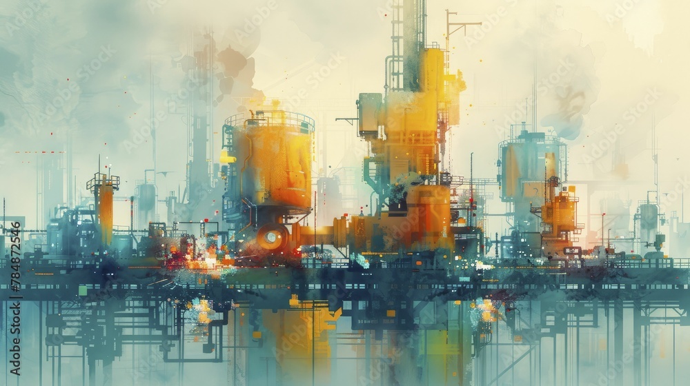 Witness the harmonious blend of technology and art as robots, humans, and IoT connect in a watercolor masterpiece on the production line. - obrazy, fototapety, plakaty 