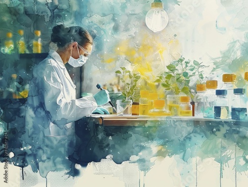 In the serene biotech lab, scientists nurture plant tissues amidst a pristine and germ-free setting, resembling a delicate watercolor painting.