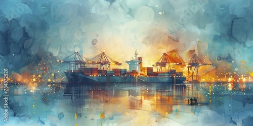 A mesmerizing watercolor captures a bustling port at dusk, where a container ship is loaded amidst blurred cranes in motion. photo