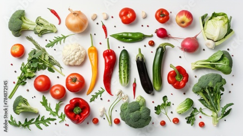 Top view of variety vegetables on white background, World food day, vegetarian day or healthy food concept