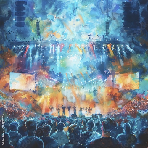 In the vibrant watercolor painting, players and screens shine as an enthusiastic audience fills the E sports arena during a major tournament.