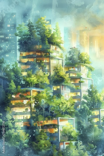 A vibrant watercolor depicts an eco-friendly industrial park integrating solar panels and lush vertical gardens for sustainable development. © Kanisorn