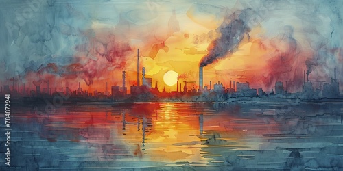 In the tranquil morning glow, the geothermal power station emerges, enveloped in ethereal steam against the rising sun.