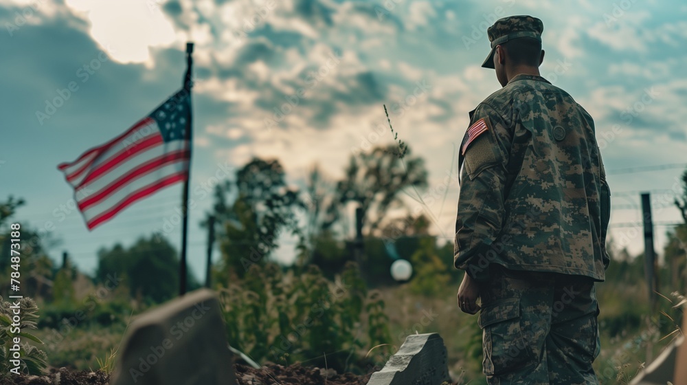 The way a military soldier salutes with a sad face at the grave with the American flag of a soldier who died in a battle,created under the theme of Memorial Day in America on May 27 The way a military soldier salutes with a sad face at the grave with the American flag of a soldier who died in a battle,created under the theme of Memorial Day in America on May 27