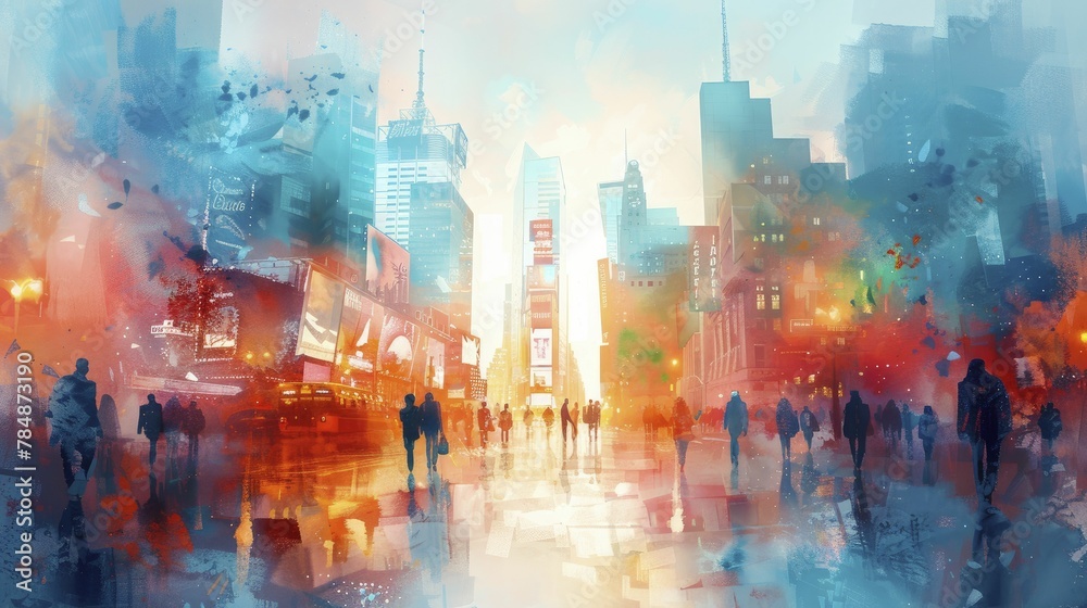 Mobile augmented reality navigation in a bustling city, user's perspective with digital overlay, watercolor painting. Mobile augmented reality navigation in a bustling city, user's perspective with digital overlay, watercolor painting.
