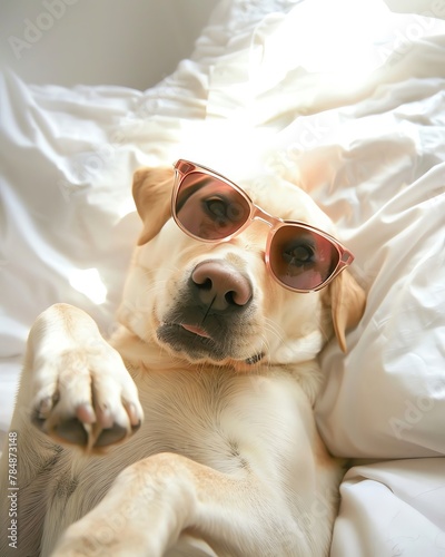 bebe labrador qui se prend en selfie dans un lit a draps blanc