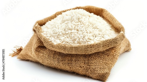 White rice in burlap sack bag isolated on white background photo
