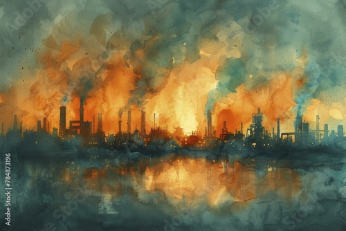 Modern steel factory with molten metal pouring, dramatic orange glow and dark shadows, watercolor painting.