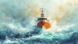 Witness the undersea cable laying vessel in action amidst deep ocean waves, captured in a dynamic watercolor portrayal.