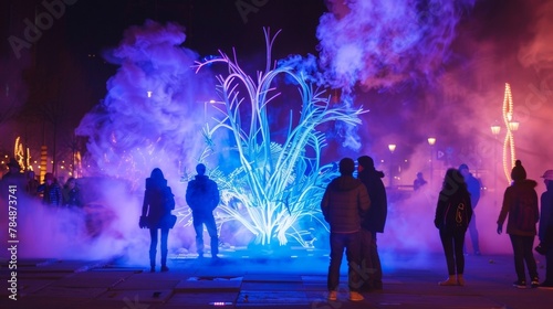 Wispy trails of smoke and vibrant shades of blue and purple emanate from a biofuelpowered fire sculpture capturing the attention of onlookers with its captivating visuals. . photo