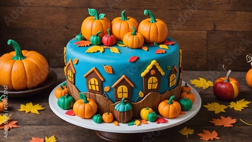 An autumn harvest-themed birthday cake featuring fondant pumpkins  apples  and falling leaves.