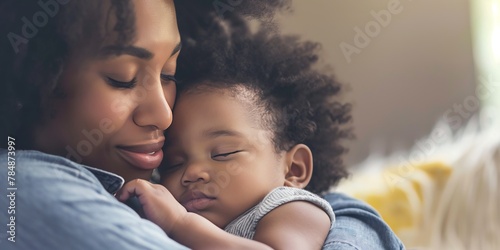 Heartwarming embrace between an African American mother and her sleeping baby in a cozy setting. photo