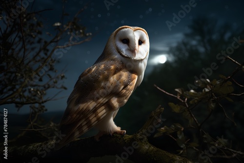 Barn Owl (Tawny Owl) sitting on a branch at night photo