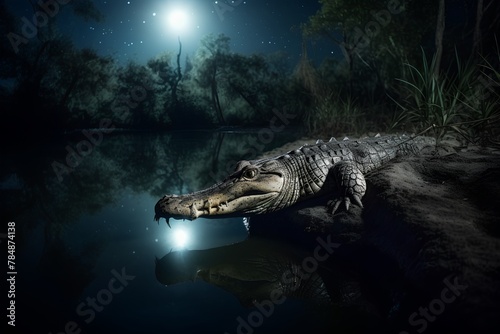 Crocodile in the swamp at night  3d render