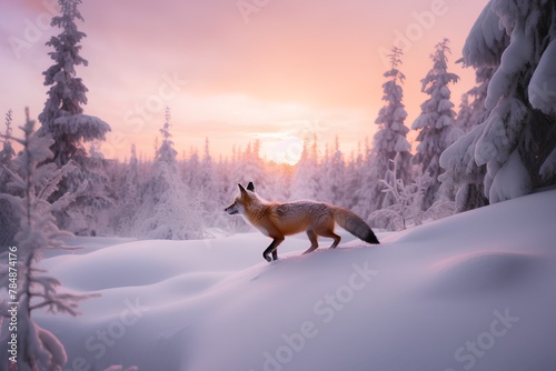 Red fox walking on the snow in winter forest. 3d render