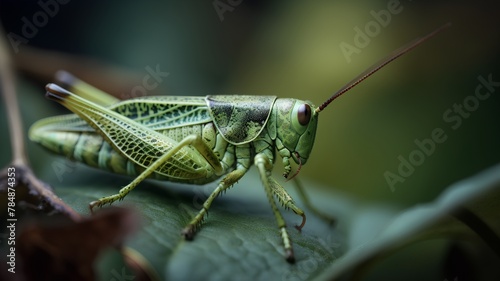 Close up of grasshopper on green leaf. Macro shot. © Ai