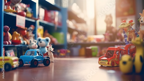 Toys on the floor in the children's toy store. Selective focus. photo