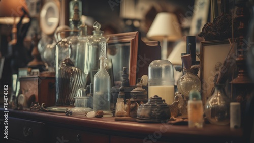 Vintage antique interior of a shop with bottles and candlesticks