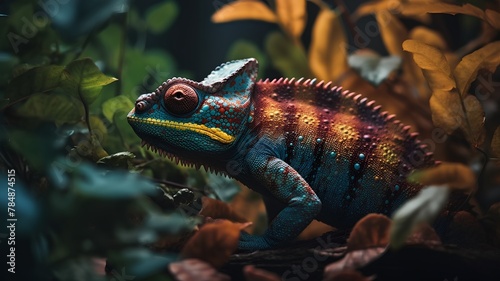 Chameleon in the forest. Wildlife scene with colorful chameleon.