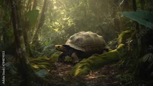 Tortoise in the rainforest. 3D Rendering.
