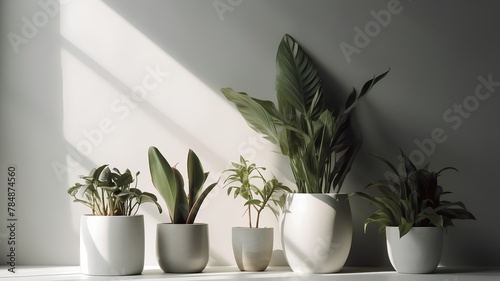 Plants in pots on a white wall background. 3d rendering