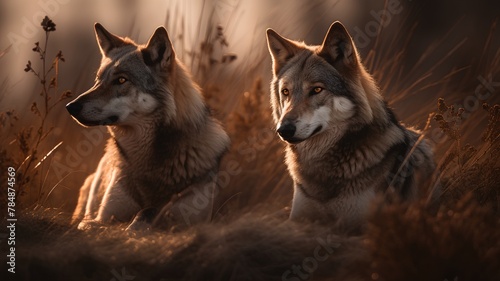 Two wolf in the field at sunset. Two wolves in the nature.