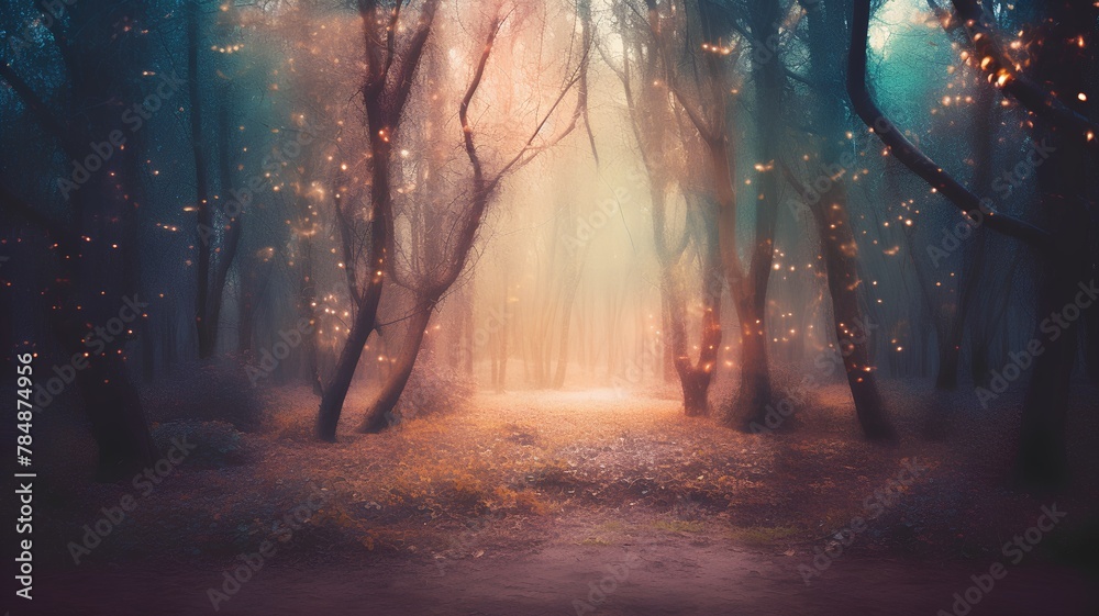 Mysterious forest in the fog. Magical autumn landscape. Fairytale scene.