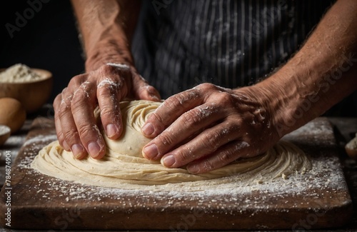 close up of male hands kneading dough