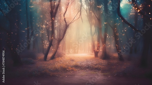 Mysterious forest in the fog. Magical autumn landscape. Fairytale scene. © Ai