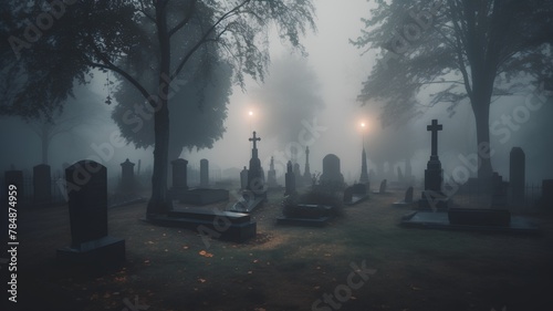 Gravestones in a foggy graveyard at night, 3d render