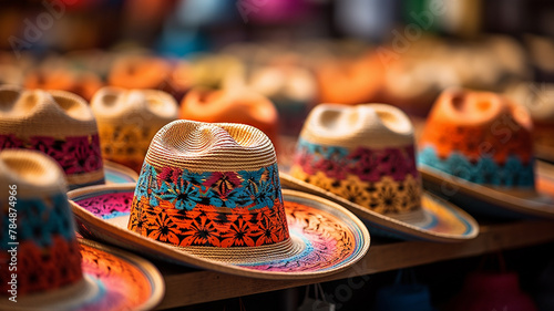 Colorful Mexican hats on a market stall in Cancun, Mexico generativa IA photo