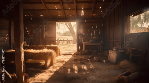 Old barn in the rays of the setting sun. Vintage style.