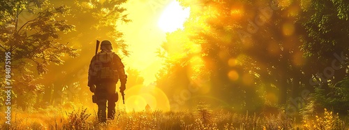 cinematic scene, late summer, a battlefield in 2024, soldier walks away in the forest, sun rises in the background, photo captured by Phantom High Speed camera photo