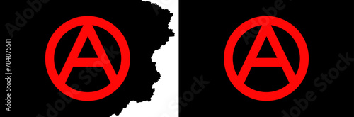 Black Anarchist flags vector with red symbol. Standard flag and with torn edges photo