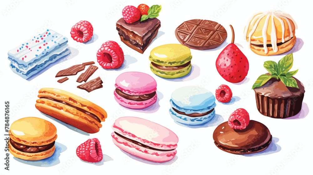 Watercolor illustration of a set of desserts such a